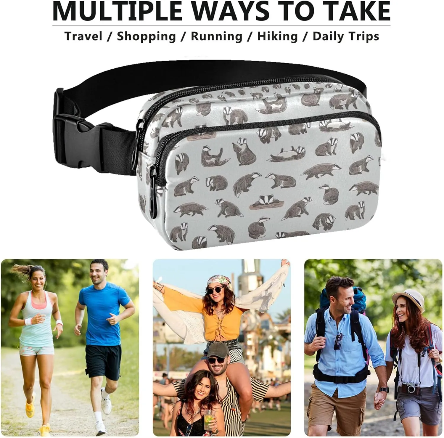 Animals Cute Badger Hedgehog Fanny Packs for Women Colorful Belt Bags Hip Pack Waterproof Waist Bag for Women