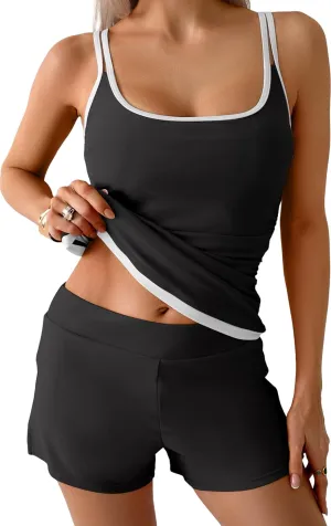 B2prity Womens Tankini Swimsuits Sporty Tummy Control Two Piece Bathing Suit Color Block Ruched Swimwear