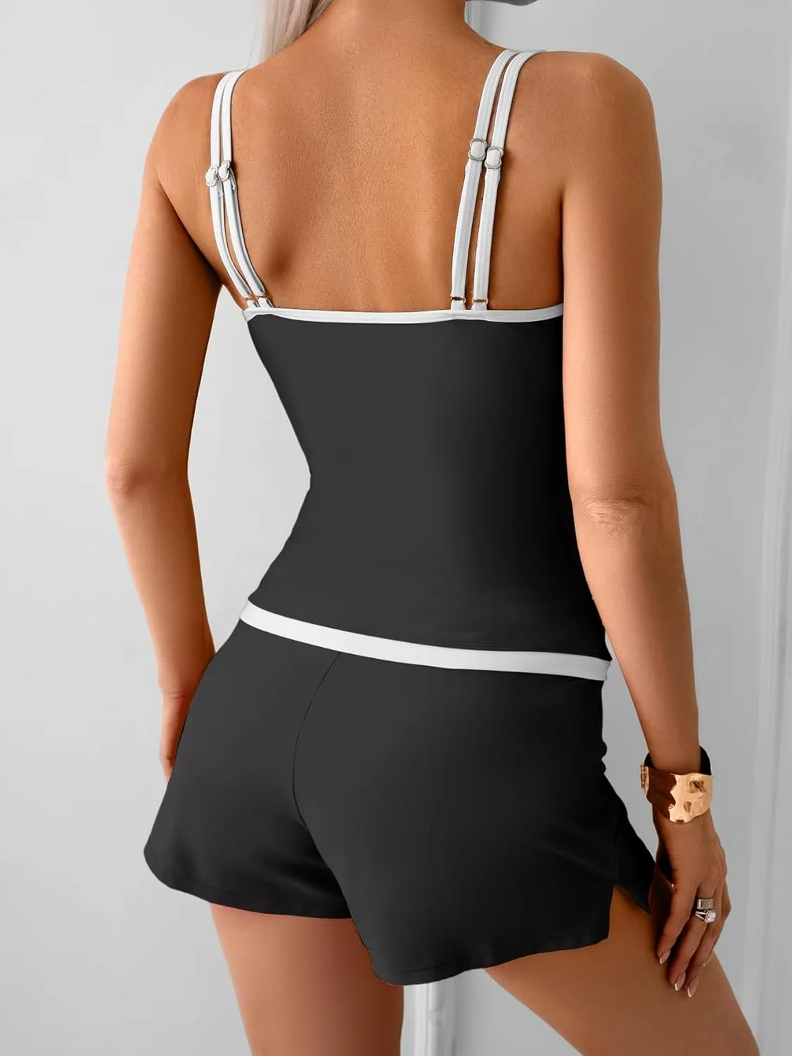 B2prity Womens Tankini Swimsuits Sporty Tummy Control Two Piece Bathing Suit Color Block Ruched Swimwear