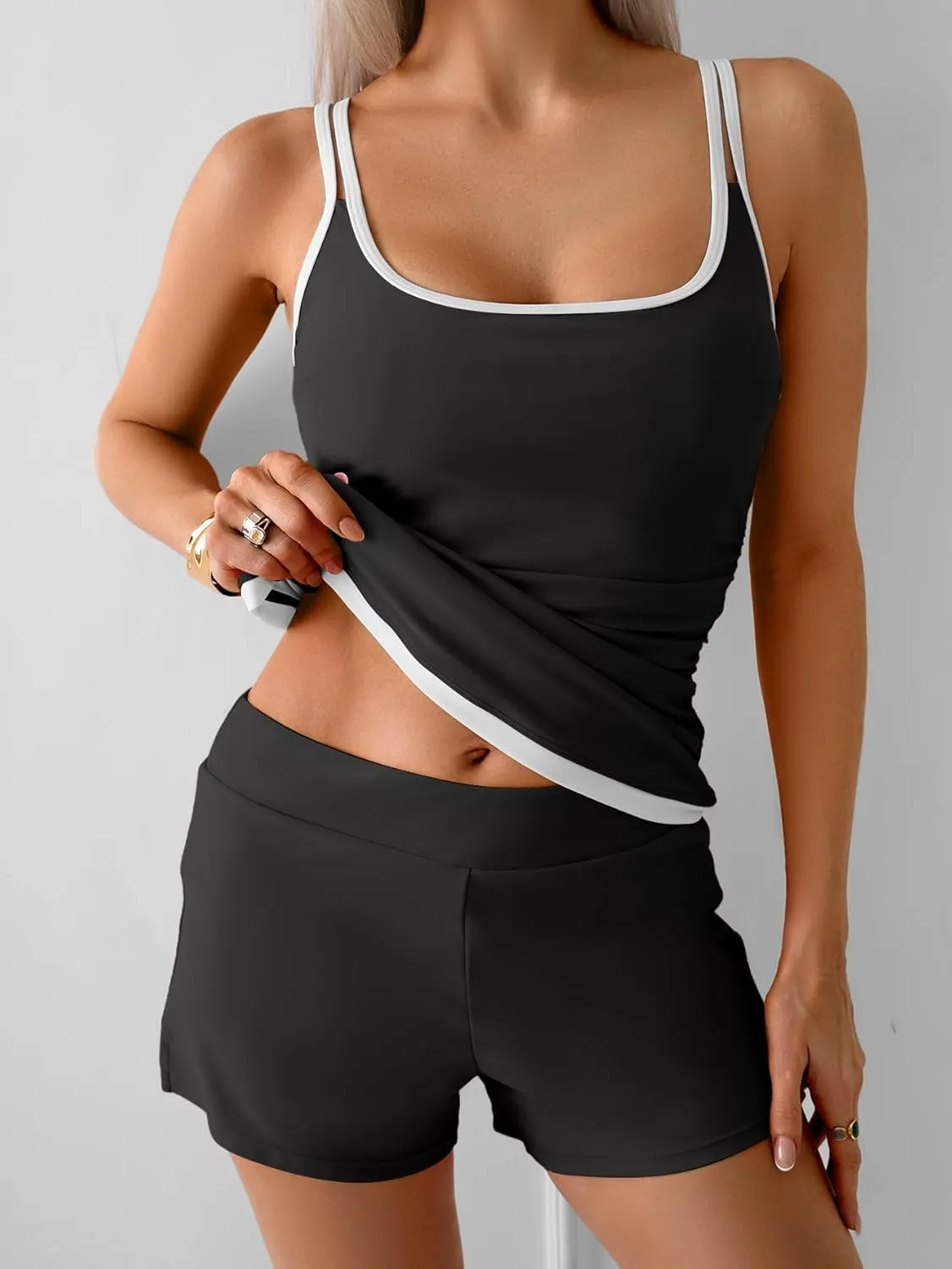B2prity Womens Tankini Swimsuits Sporty Tummy Control Two Piece Bathing Suit Color Block Ruched Swimwear