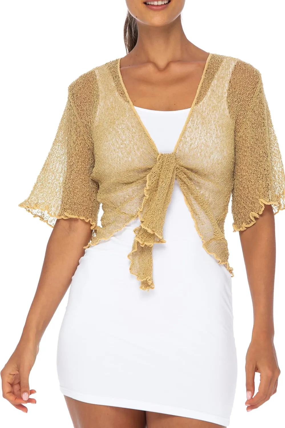 Back From Bali Womens Sheer Shrug Short Sleeve Open Front Cardigan Lightweight Knit Sweater Tie Top