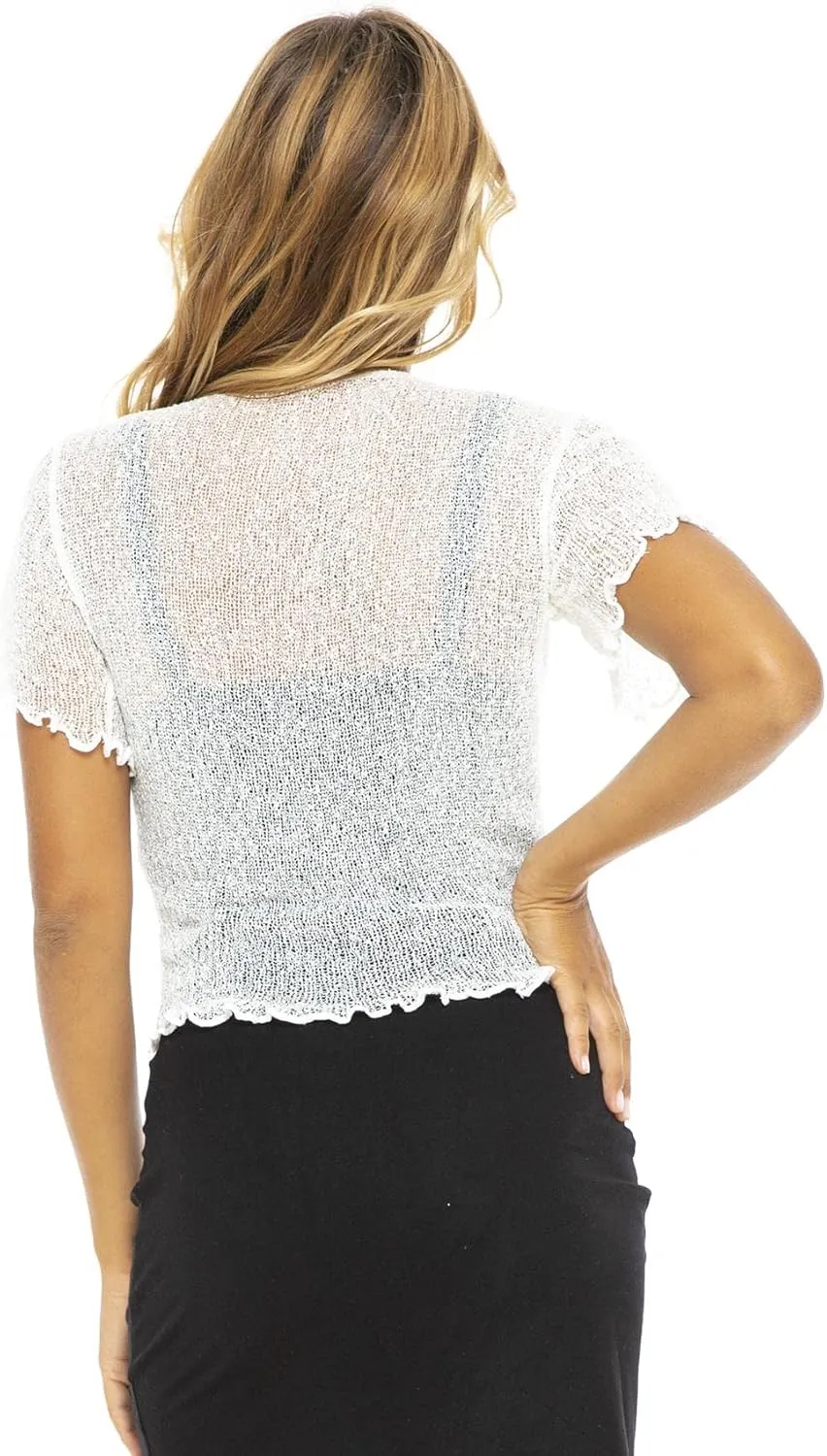 Back From Bali Womens Sheer Shrug Short Sleeve Open Front Cardigan Lightweight Knit Sweater Tie Top