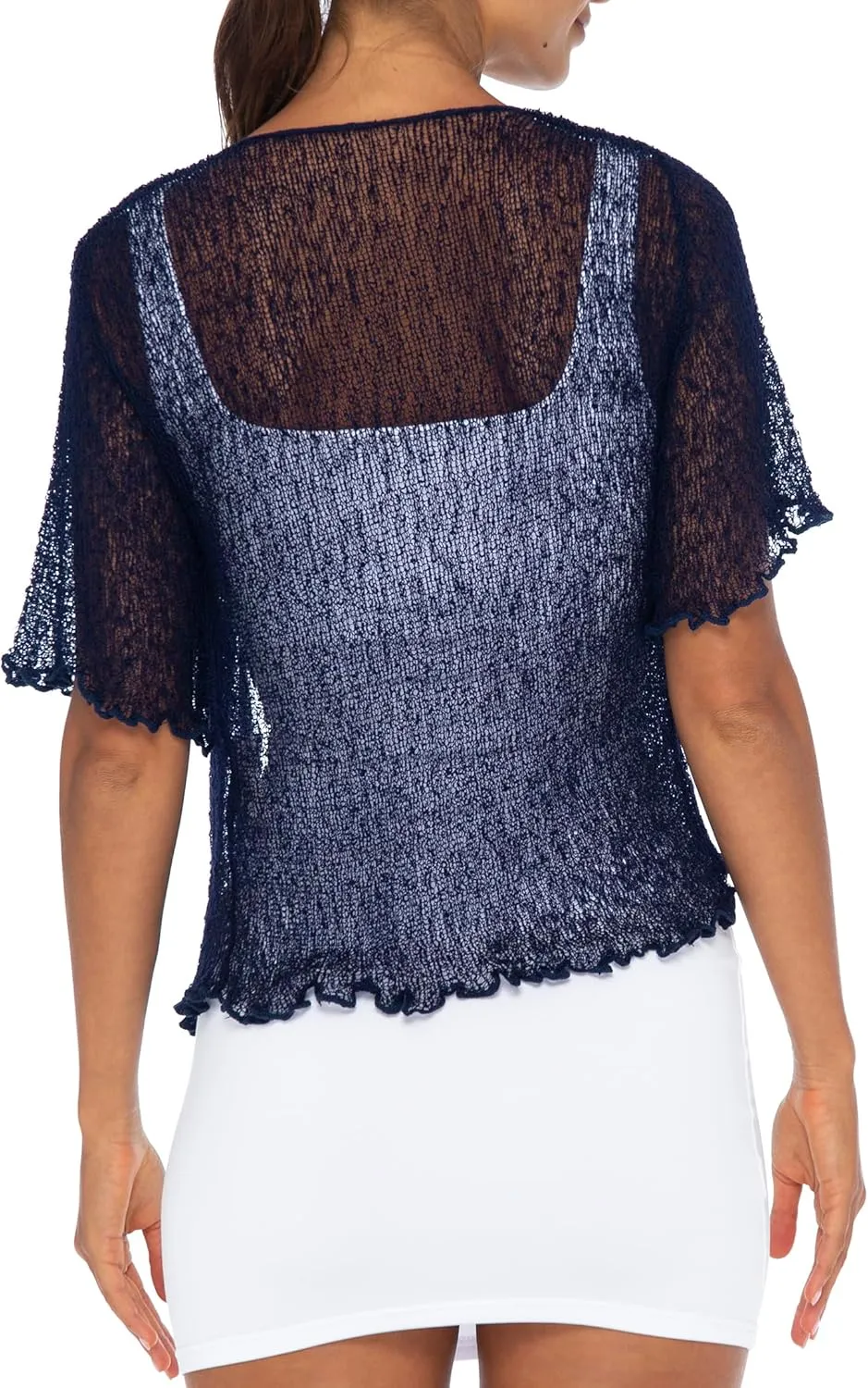 Back From Bali Womens Sheer Shrug Short Sleeve Open Front Cardigan Lightweight Knit Sweater Tie Top