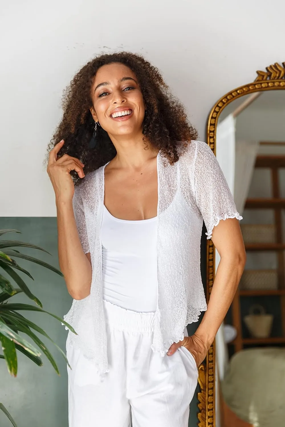 Back From Bali Womens Sheer Shrug Short Sleeve Open Front Cardigan Lightweight Knit Sweater Tie Top
