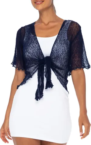 Back From Bali Womens Sheer Shrug Short Sleeve Open Front Cardigan Lightweight Knit Sweater Tie Top