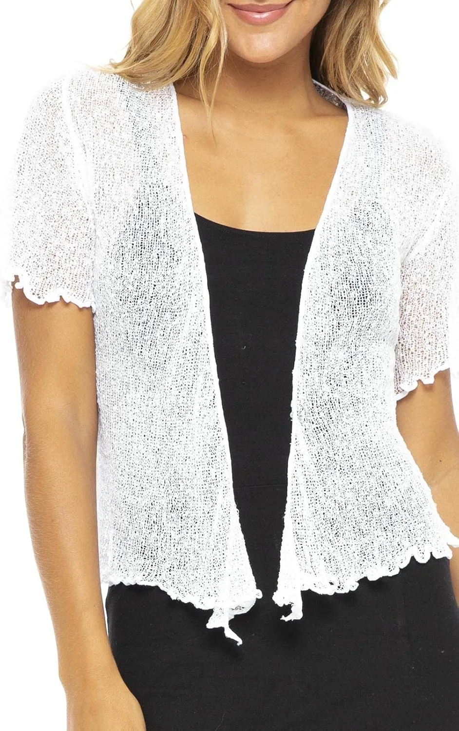 Back From Bali Womens Sheer Shrug Short Sleeve Open Front Cardigan Lightweight Knit Sweater Tie Top