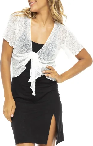 Back From Bali Womens Sheer Shrug Short Sleeve Open Front Cardigan Lightweight Knit Sweater Tie Top