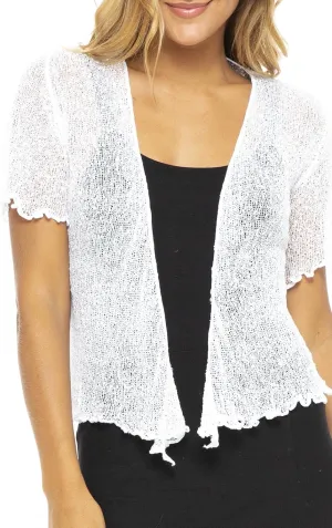 Back From Bali Womens Sheer Shrug Short Sleeve Open Front Cardigan Lightweight Knit Sweater Tie Top