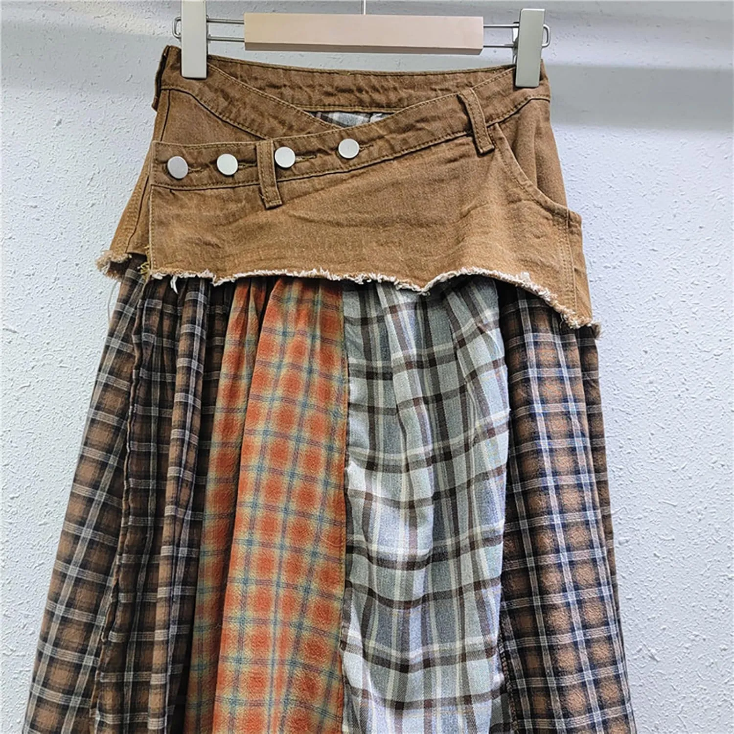 BAIMORE Women's High Waist Plaid Patchwork Pleated Hem A Line Denim Midi Skirt