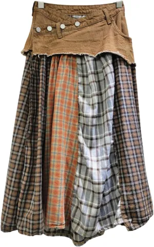 BAIMORE Women's High Waist Plaid Patchwork Pleated Hem A Line Denim Midi Skirt
