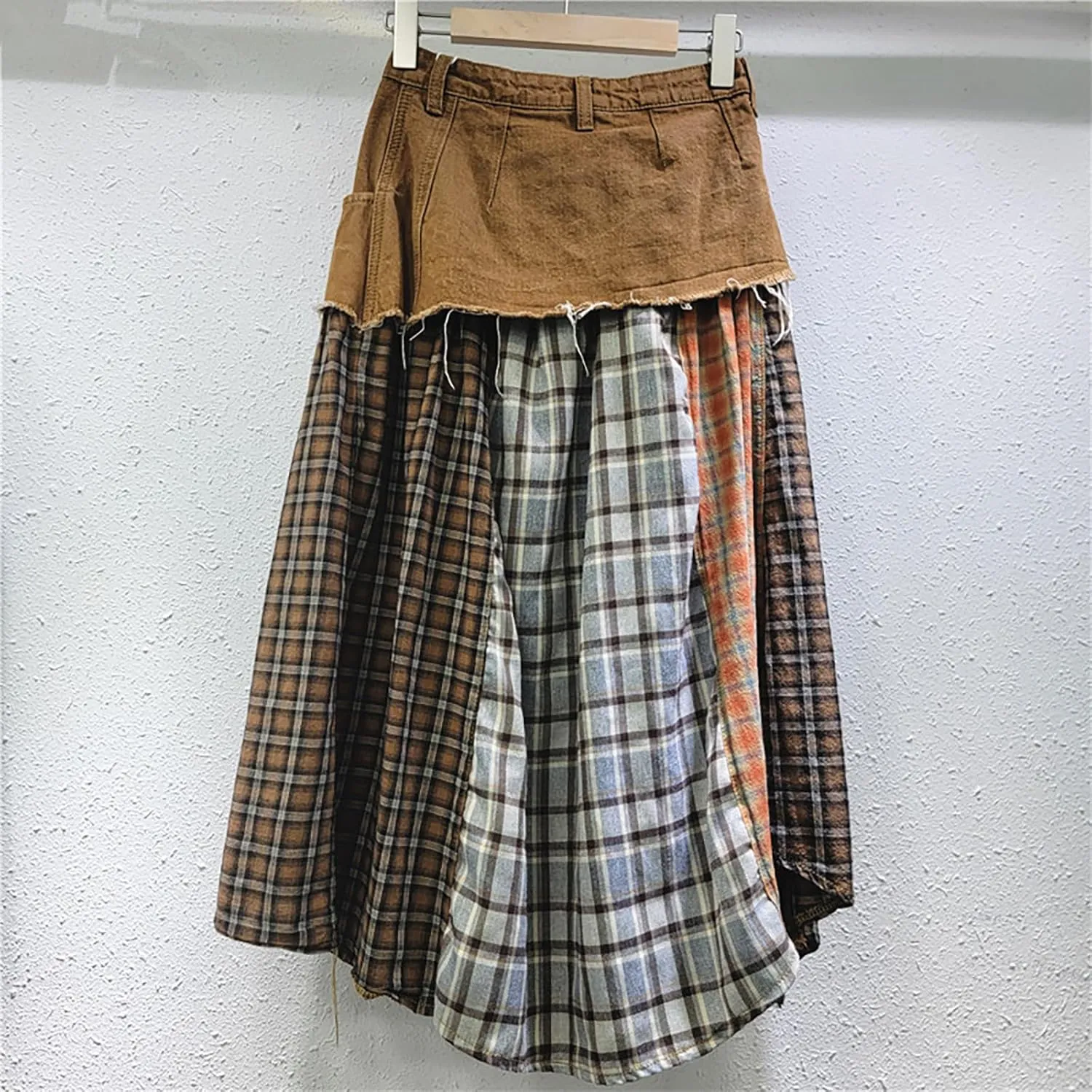 BAIMORE Women's High Waist Plaid Patchwork Pleated Hem A Line Denim Midi Skirt