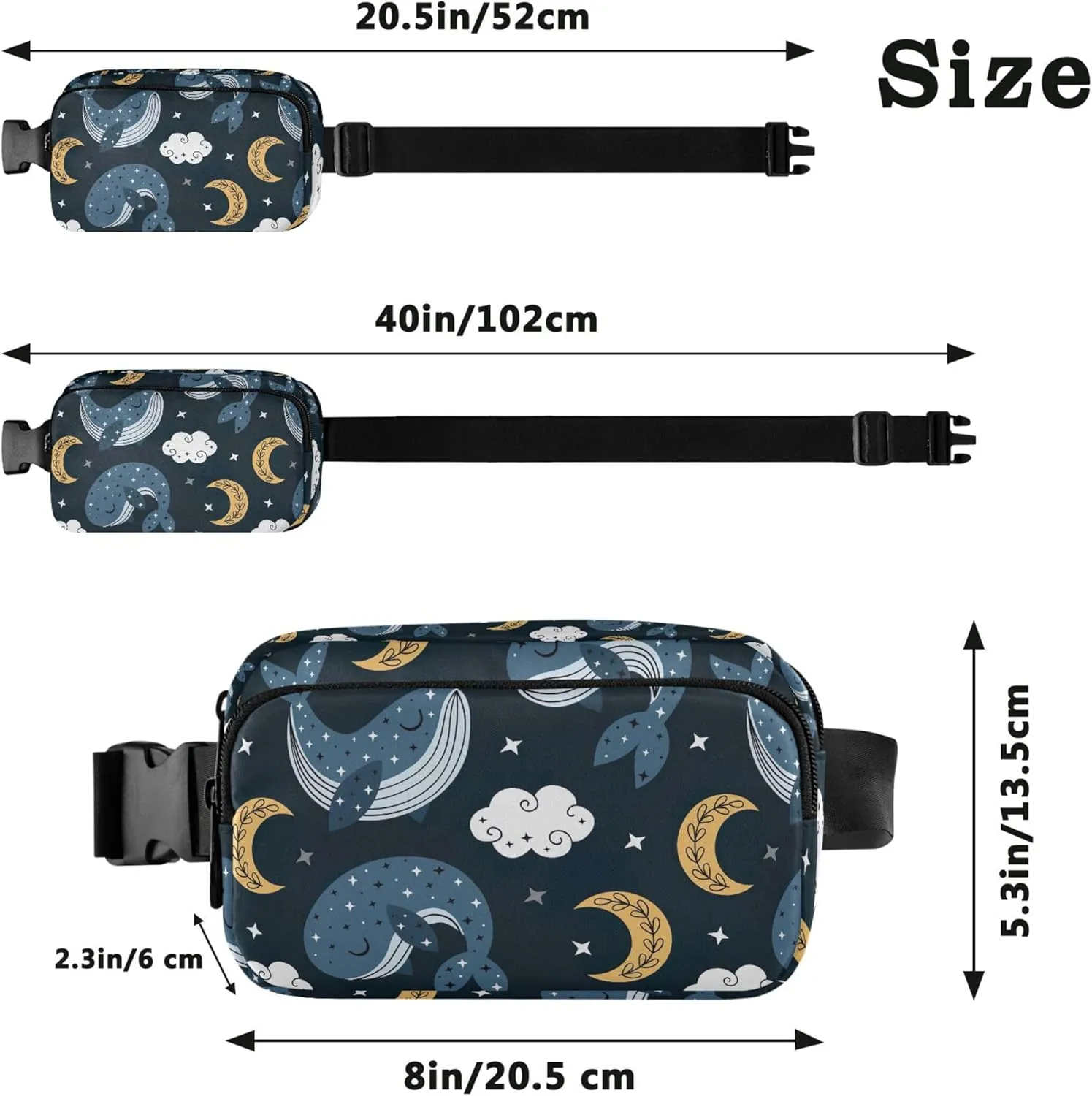Blue Whale Moon Night Sky Women Fanny Pack Hip Bag Belt Purse Waterproof Flower Waist Pouch for Women