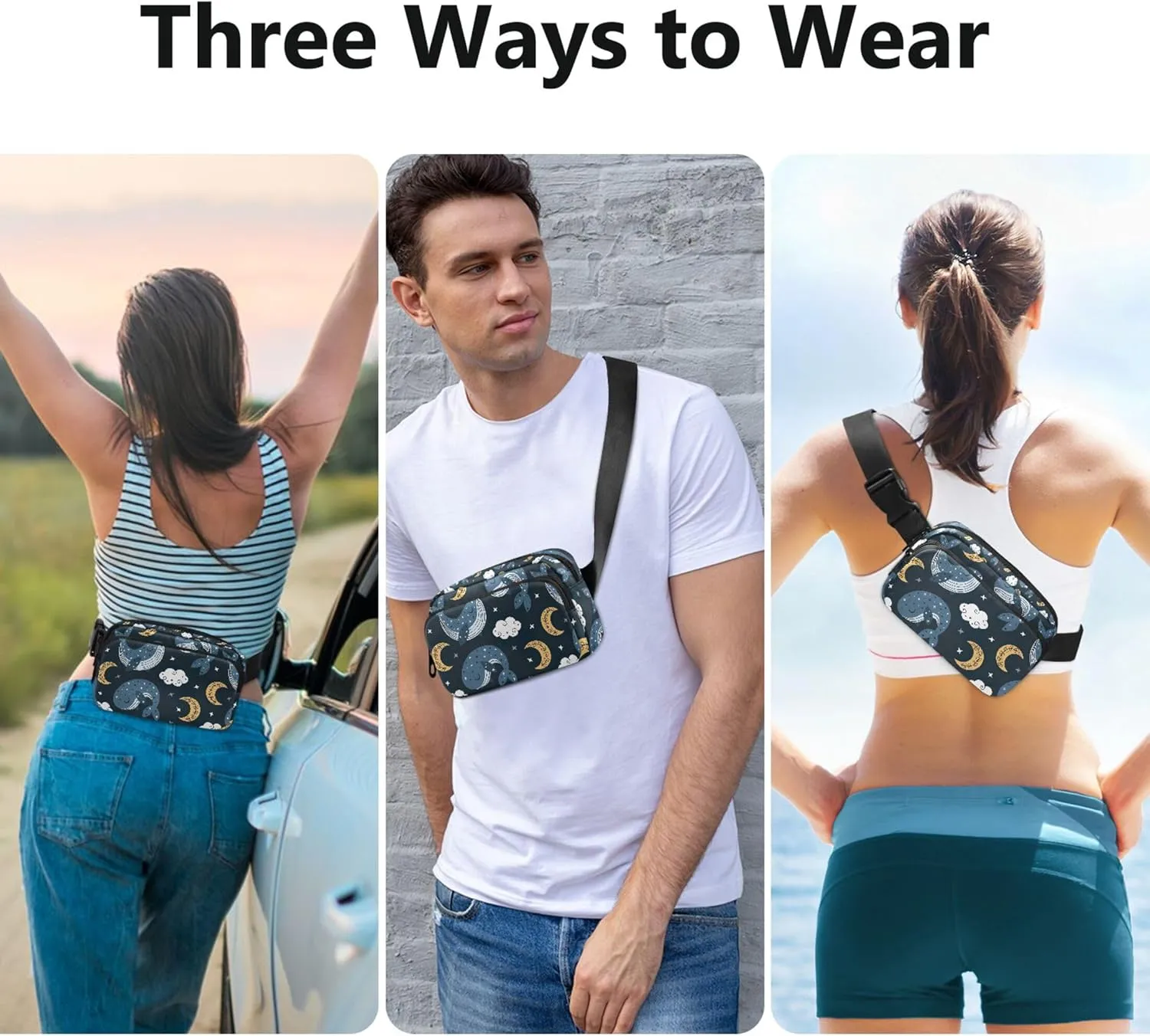 Blue Whale Moon Night Sky Women Fanny Pack Hip Bag Belt Purse Waterproof Flower Waist Pouch for Women