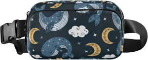 Blue Whale Moon Night Sky Women Fanny Pack Hip Bag Belt Purse Waterproof Flower Waist Pouch for Women