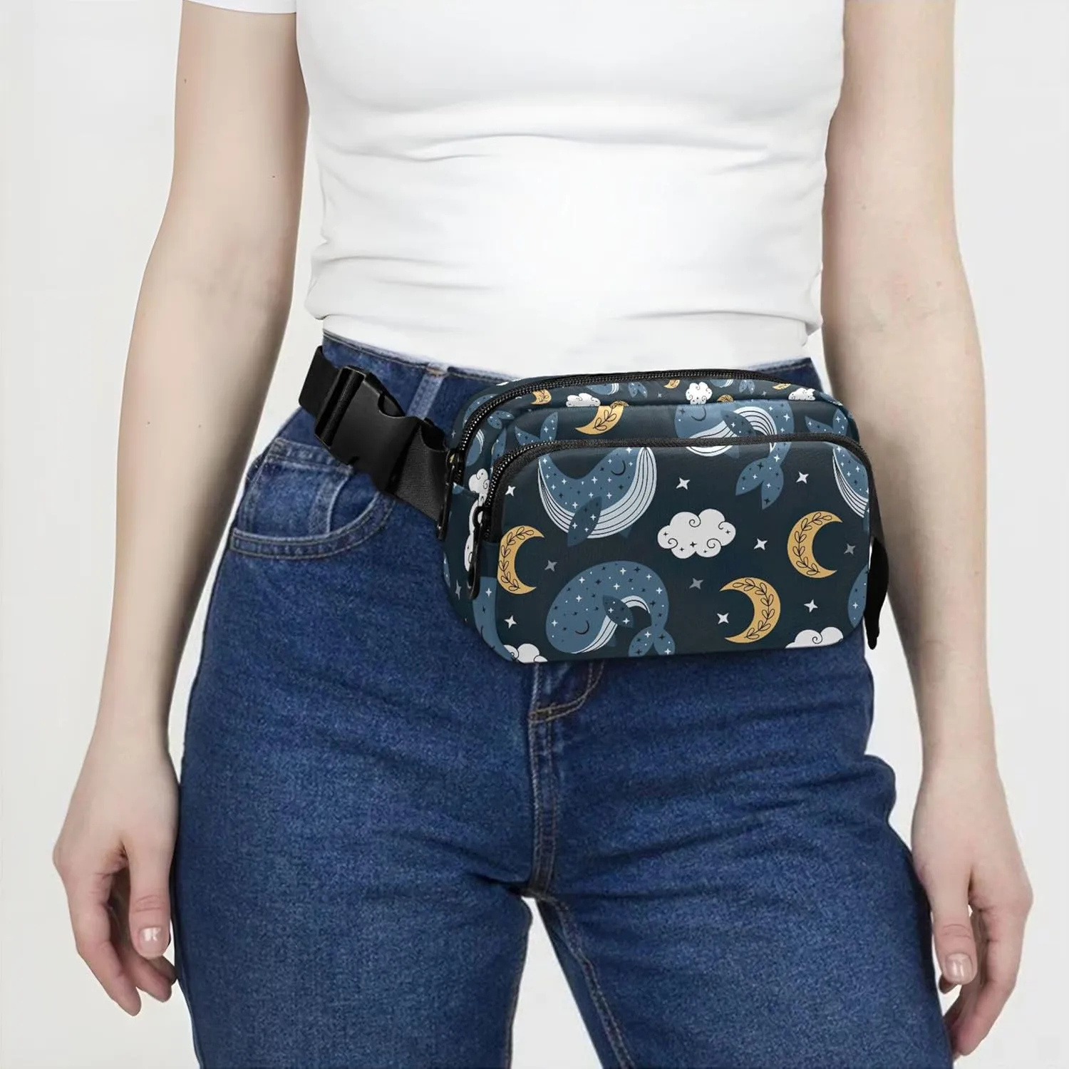 Blue Whale Moon Night Sky Women Fanny Pack Hip Bag Belt Purse Waterproof Flower Waist Pouch for Women