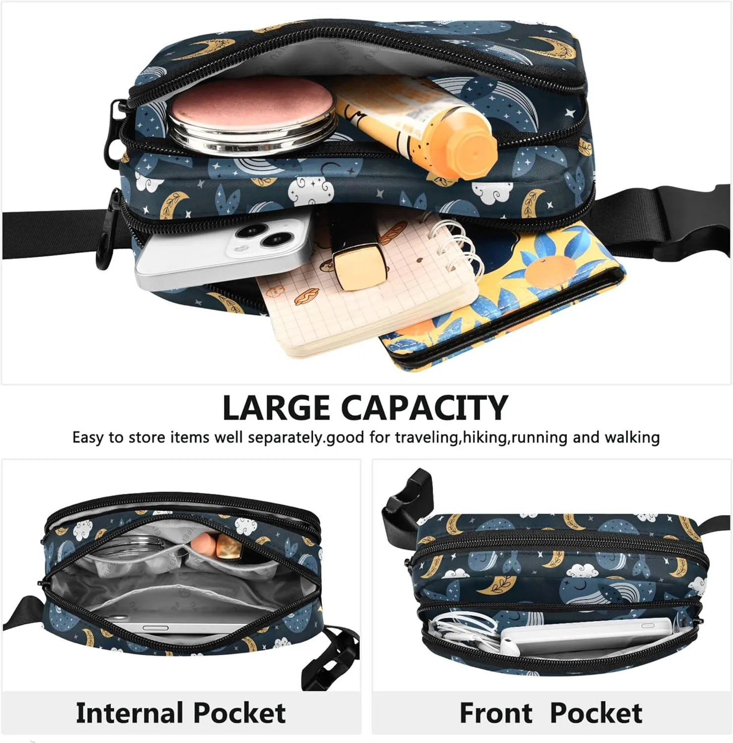 Blue Whale Moon Night Sky Women Fanny Pack Hip Bag Belt Purse Waterproof Flower Waist Pouch for Women