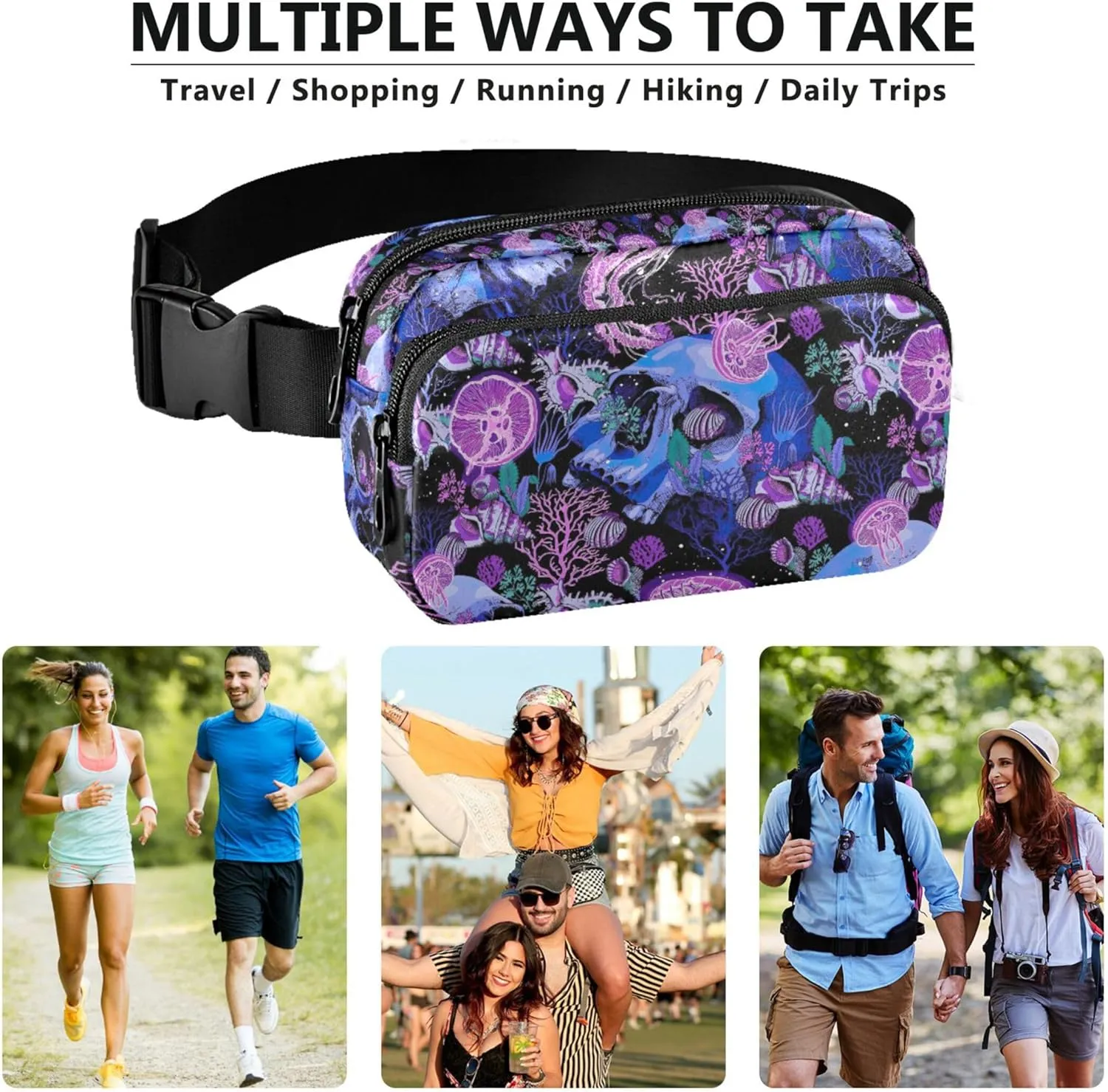 Bright Psychedelic Skulls Womens Fanny Pack Waterproof Large Hip Belt Bag Cute Travel Waist Pouch