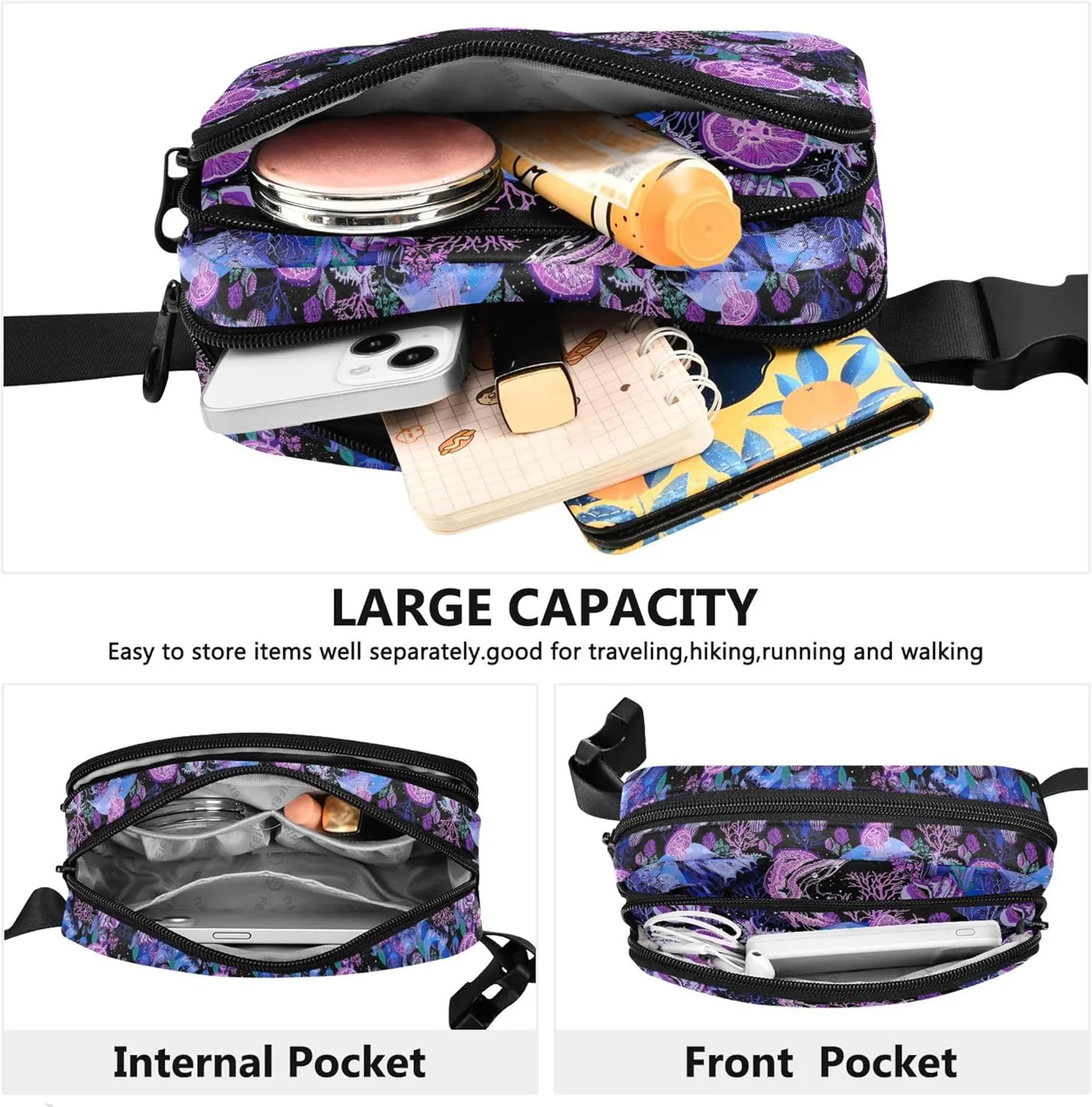 Bright Psychedelic Skulls Womens Fanny Pack Waterproof Large Hip Belt Bag Cute Travel Waist Pouch