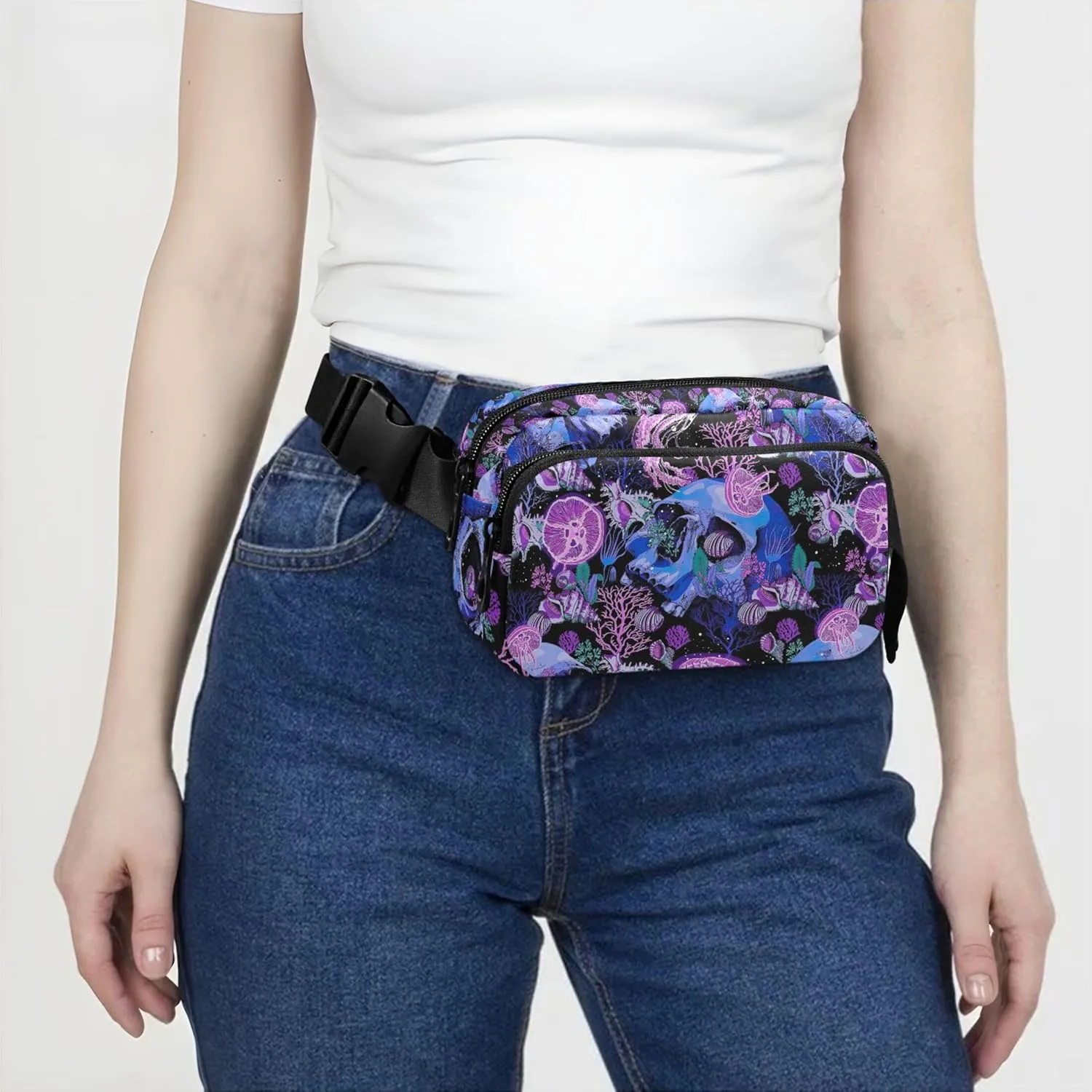 Bright Psychedelic Skulls Womens Fanny Pack Waterproof Large Hip Belt Bag Cute Travel Waist Pouch