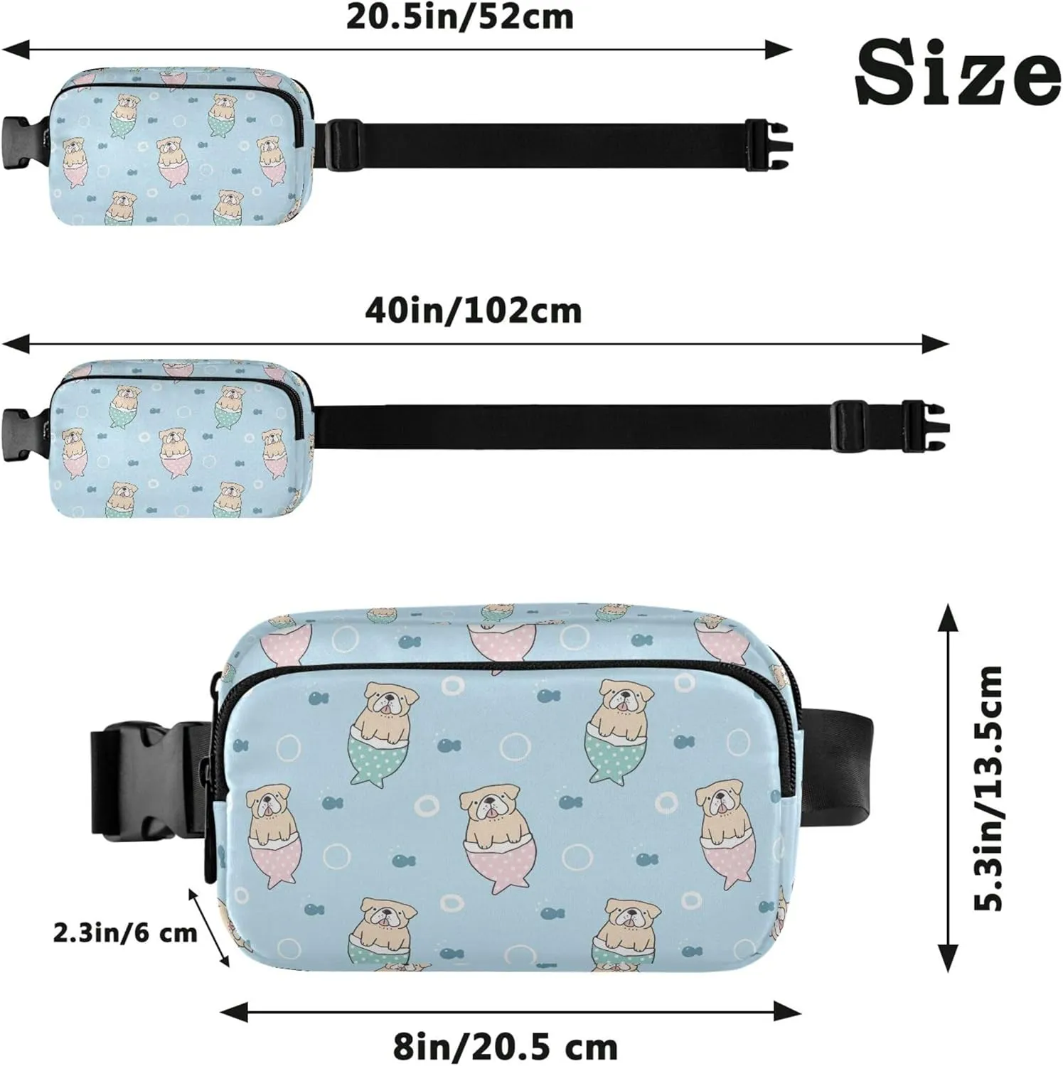 Bulldog Mermaid Sky Blue Fanny Packs for Women Waterproof Belt Bag Hip Pack Neon Crossbody Waist Bag