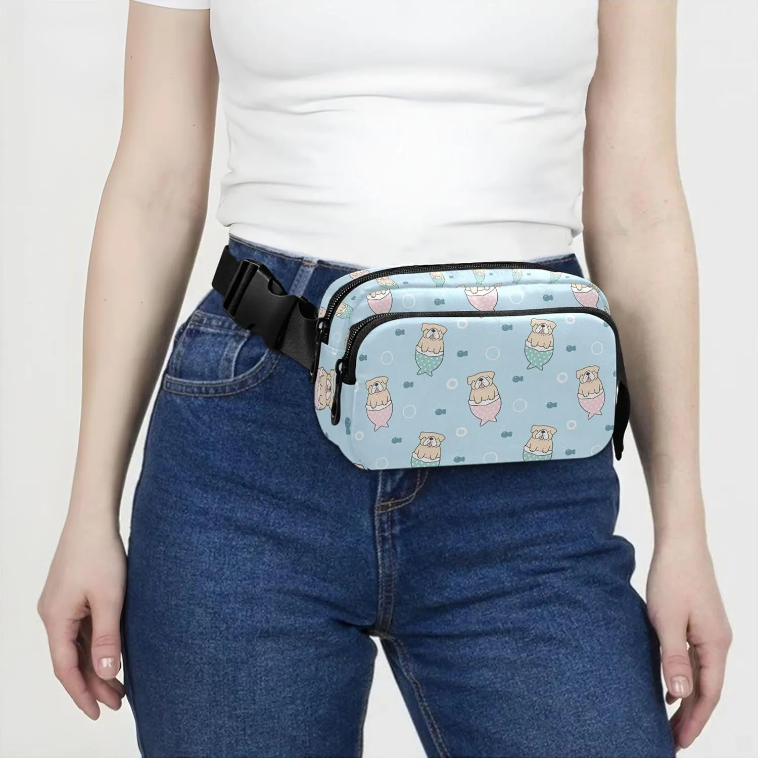 Bulldog Mermaid Sky Blue Fanny Packs for Women Waterproof Belt Bag Hip Pack Neon Crossbody Waist Bag