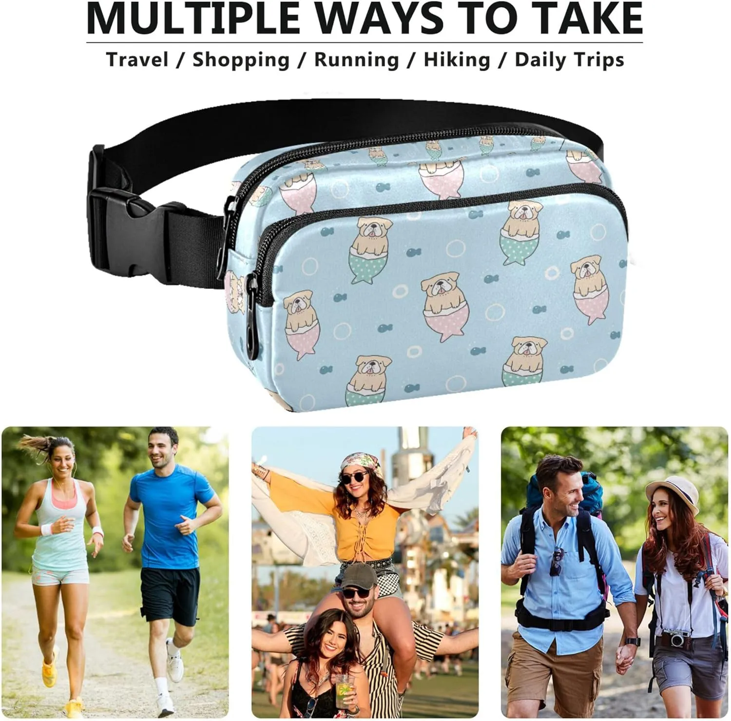 Bulldog Mermaid Sky Blue Fanny Packs for Women Waterproof Belt Bag Hip Pack Neon Crossbody Waist Bag