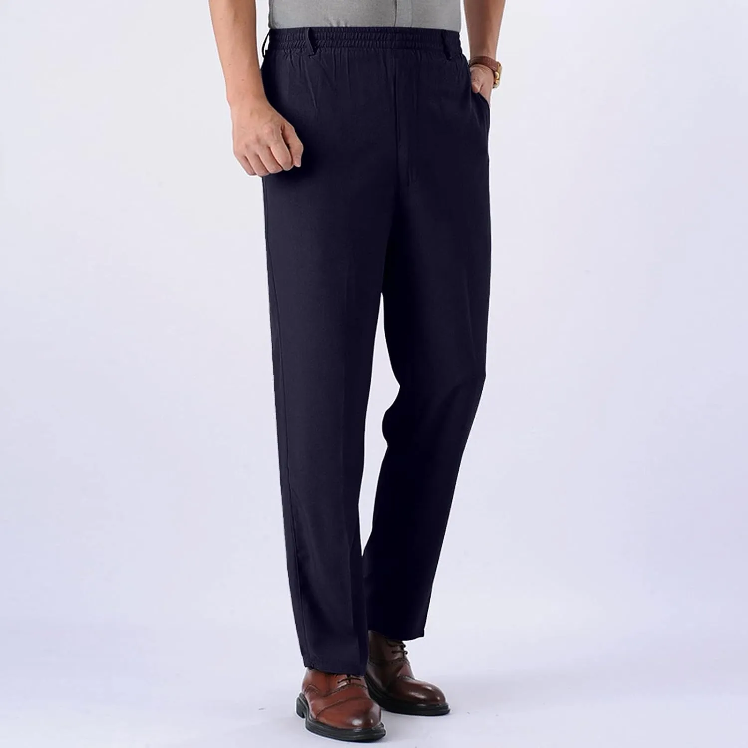 Casual Pants for Men Relaxed Fit Straight Leg Stretch Waist Trouser Lightweight Plus Size Summer Dress Pants with Pockets