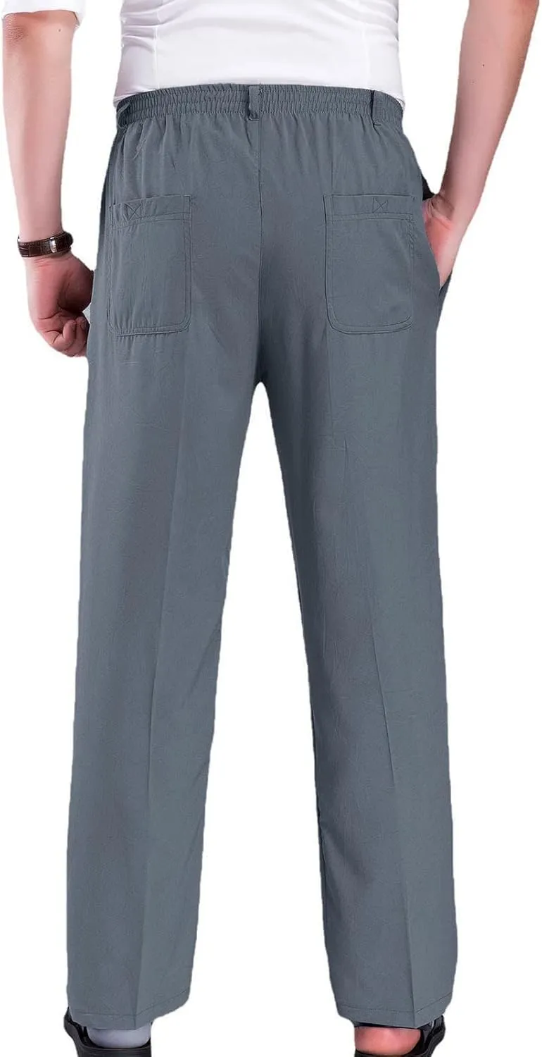 Casual Pants for Men Relaxed Fit Straight Leg Stretch Waist Trouser Lightweight Plus Size Summer Dress Pants with Pockets