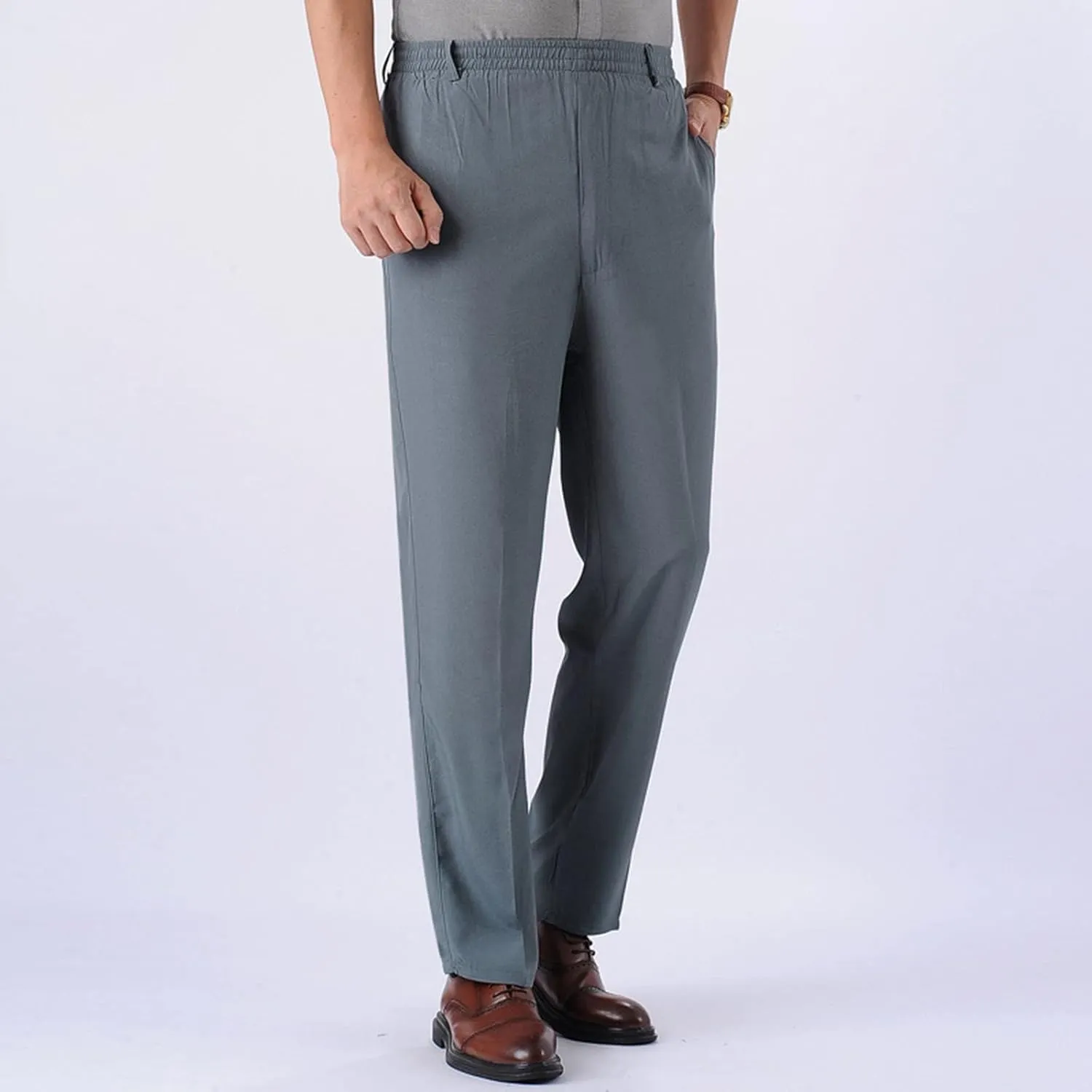 Casual Pants for Men Relaxed Fit Straight Leg Stretch Waist Trouser Lightweight Plus Size Summer Dress Pants with Pockets