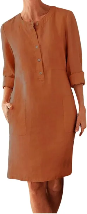 Ceboyel Women 2023 Button Linen Dresses Cotton Summer Midi Dresses Short Sleeve Casual Shirt Dress Ladies Teacher Clothing