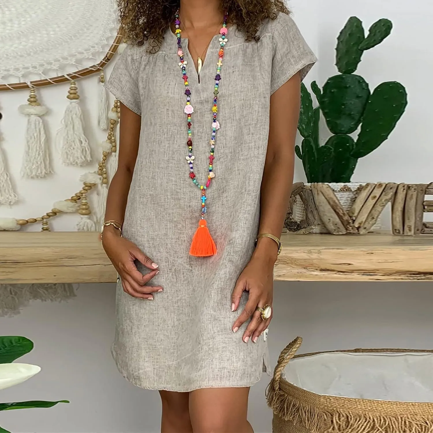 Ceboyel Women Cotton Linen Short Dress Summer Shirt Dress V Neck Short Sleeve Beach Dresses Boho Ladies Clothing 2023