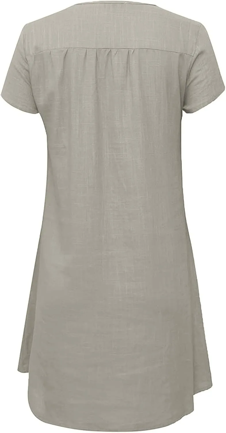 Ceboyel Women Cotton Linen Short Dress Summer Shirt Dress V Neck Short Sleeve Beach Dresses Boho Ladies Clothing 2023