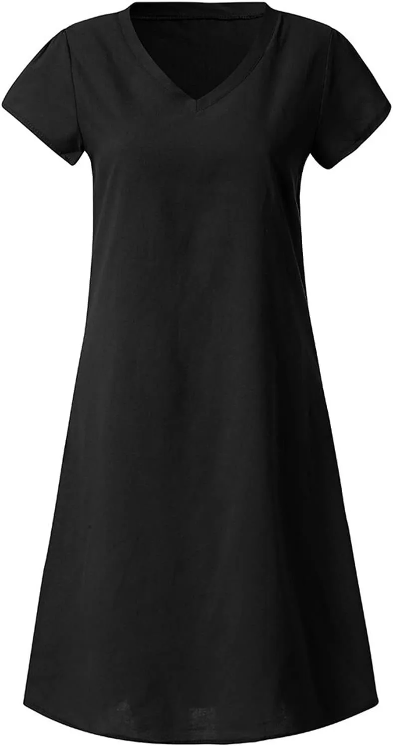 Ceboyel Women Cotton Linen Short Dress Summer Shirt Dress V Neck Short Sleeve Beach Dresses Boho Ladies Clothing 2023