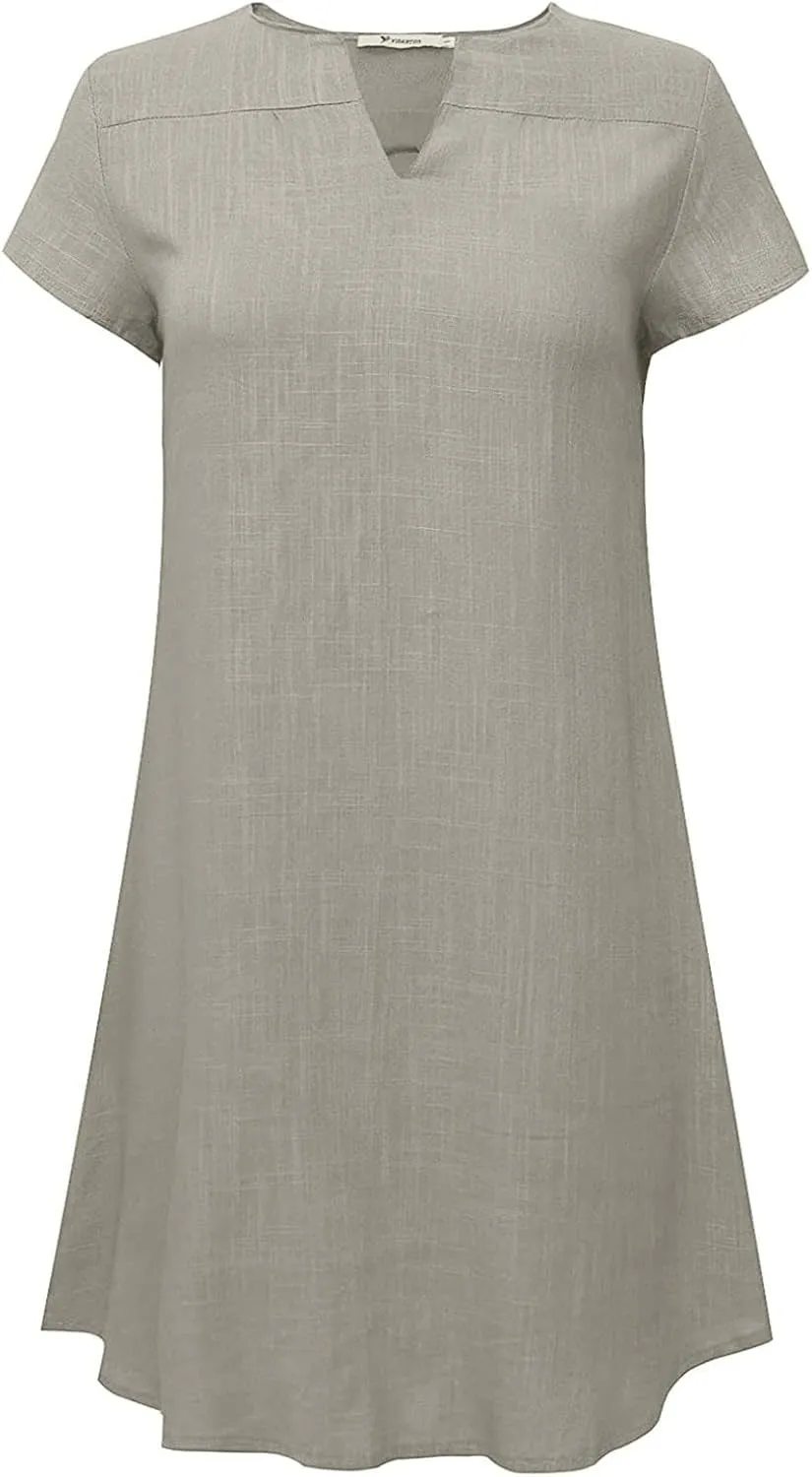 Ceboyel Women Cotton Linen Short Dress Summer Shirt Dress V Neck Short Sleeve Beach Dresses Boho Ladies Clothing 2023
