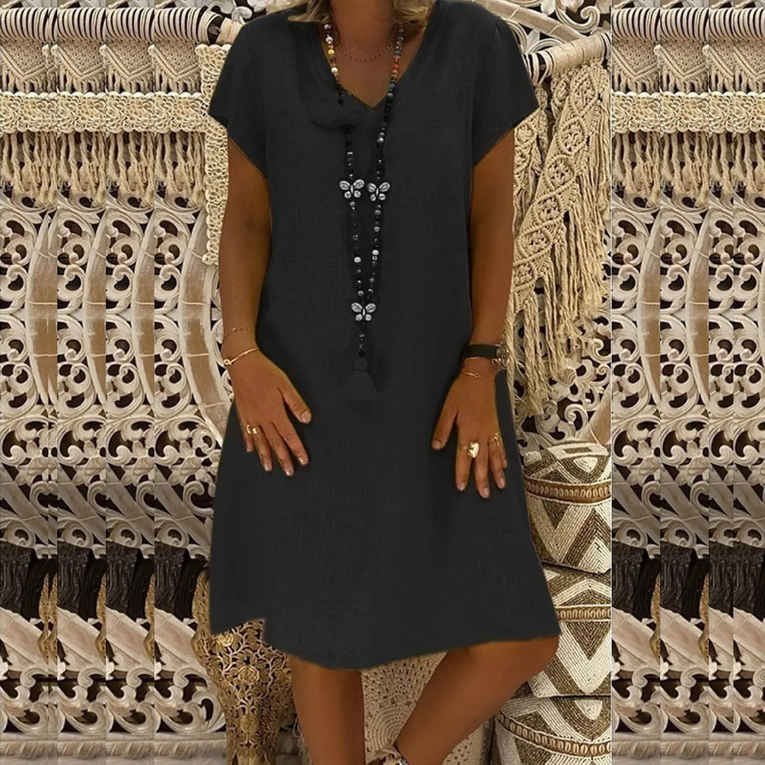 Ceboyel Women Cotton Linen Short Dress Summer Shirt Dress V Neck Short Sleeve Beach Dresses Boho Ladies Clothing 2023