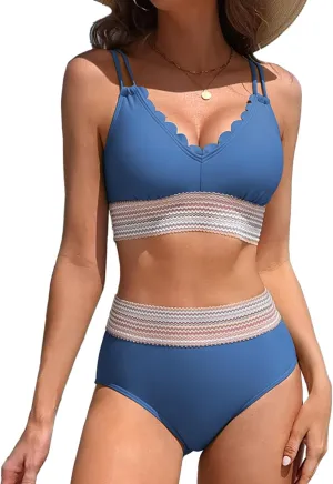 Charmo Women's Scalloped High Waisted Color Block Bikini Sets High Cut Swimsuits Sporty Two Piece Bathing Suit