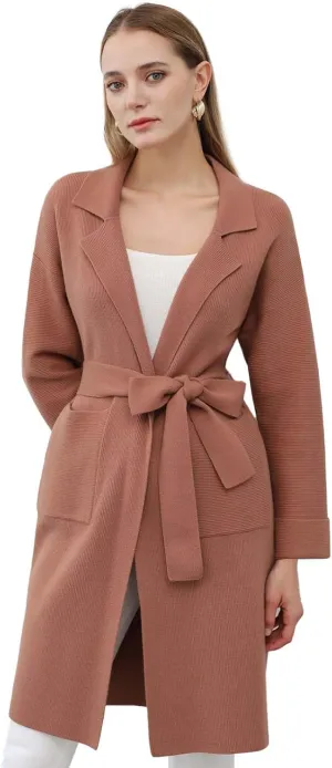 CHICWISH Women's Open Front Cardigan Long Sleeve Notch Lapel Belted Longline Coatigan Ribbed Knit Coat With Pockets