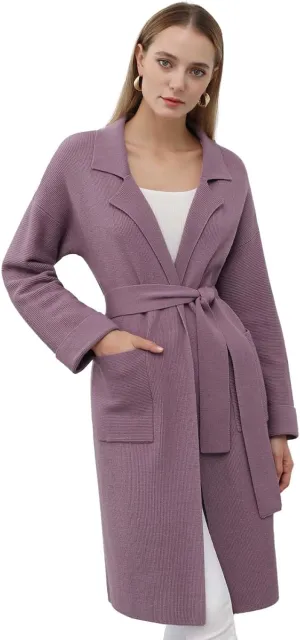 CHICWISH Women's Open Front Cardigan Long Sleeve Notch Lapel Belted Longline Coatigan Ribbed Knit Coat With Pockets