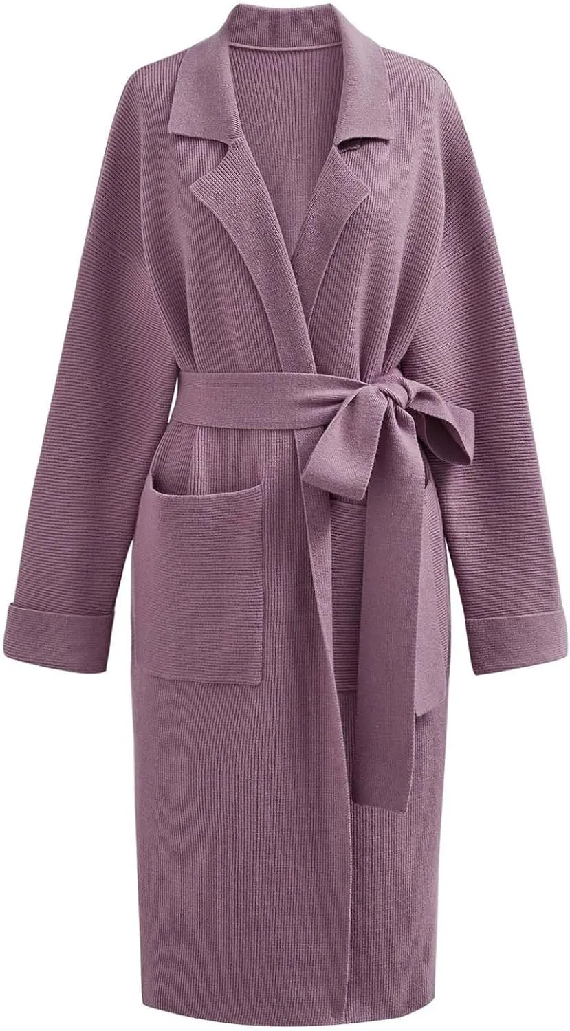 CHICWISH Women's Open Front Cardigan Long Sleeve Notch Lapel Belted Longline Coatigan Ribbed Knit Coat With Pockets