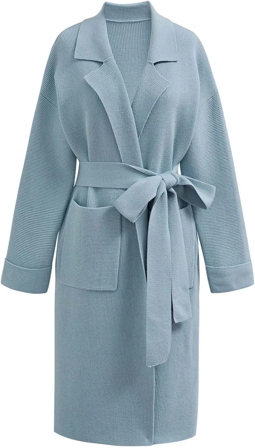 CHICWISH Women's Open Front Cardigan Long Sleeve Notch Lapel Belted Longline Coatigan Ribbed Knit Coat With Pockets
