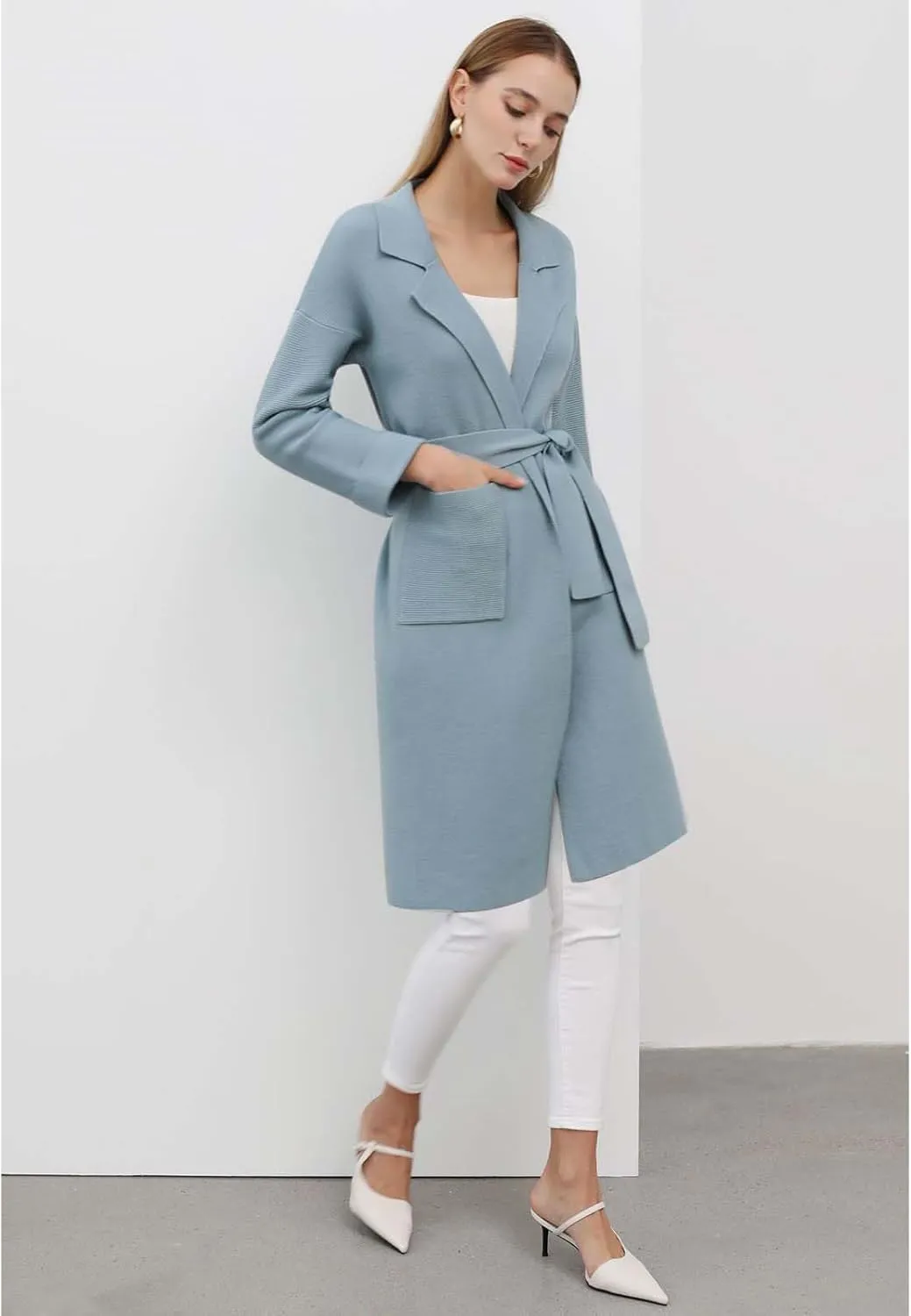 CHICWISH Women's Open Front Cardigan Long Sleeve Notch Lapel Belted Longline Coatigan Ribbed Knit Coat With Pockets