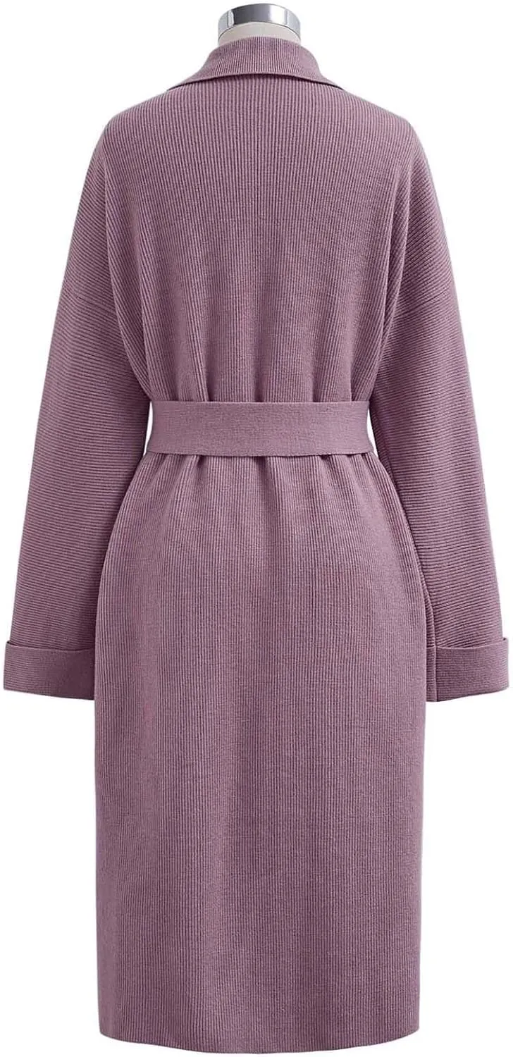 CHICWISH Women's Open Front Cardigan Long Sleeve Notch Lapel Belted Longline Coatigan Ribbed Knit Coat With Pockets