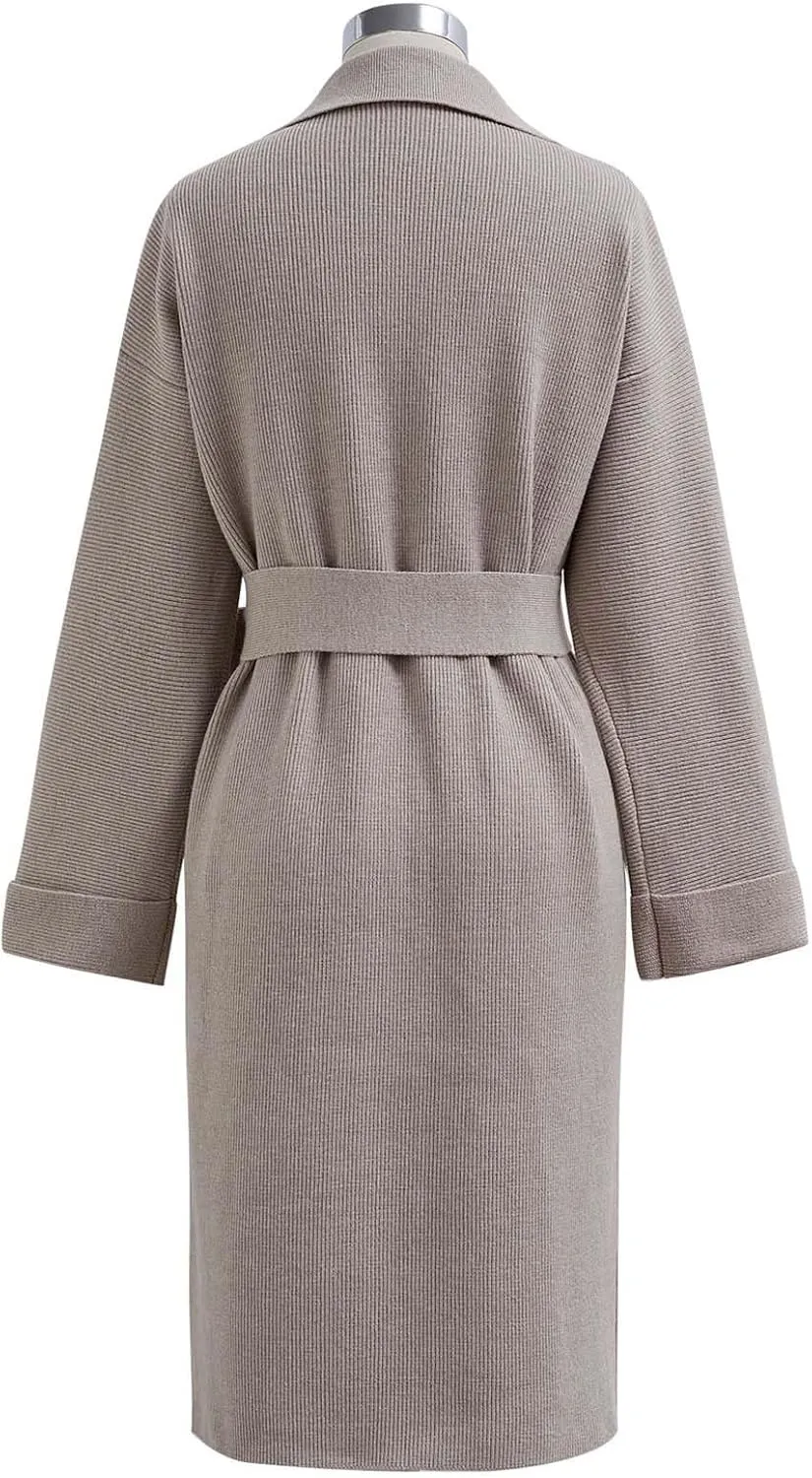 CHICWISH Women's Open Front Cardigan Long Sleeve Notch Lapel Belted Longline Coatigan Ribbed Knit Coat With Pockets
