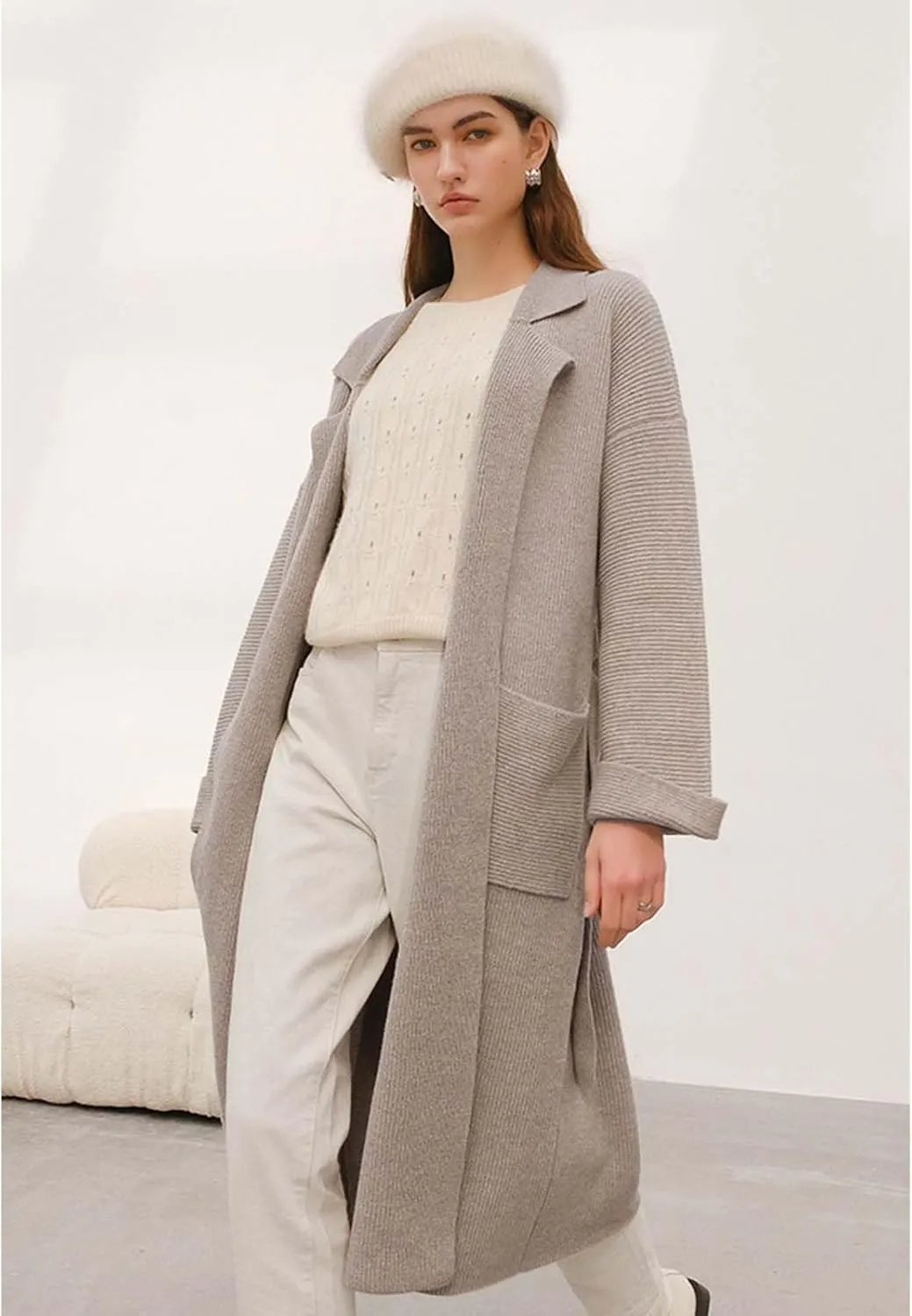 CHICWISH Women's Open Front Cardigan Long Sleeve Notch Lapel Belted Longline Coatigan Ribbed Knit Coat With Pockets