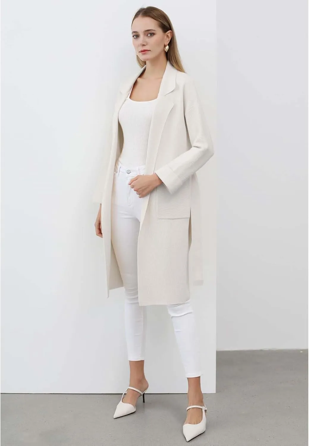 CHICWISH Women's Open Front Cardigan Long Sleeve Notch Lapel Belted Longline Coatigan Ribbed Knit Coat With Pockets