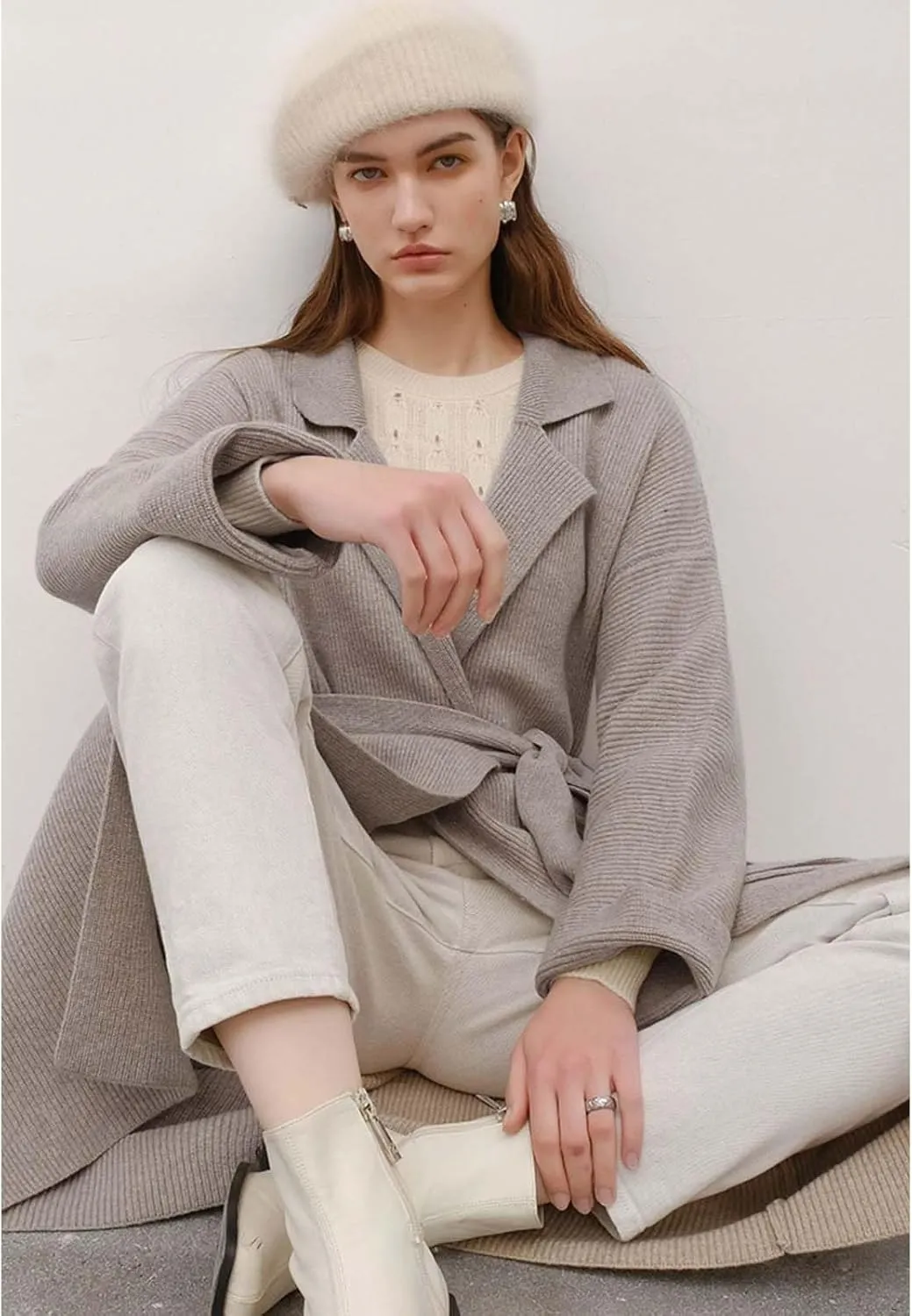 CHICWISH Women's Open Front Cardigan Long Sleeve Notch Lapel Belted Longline Coatigan Ribbed Knit Coat With Pockets