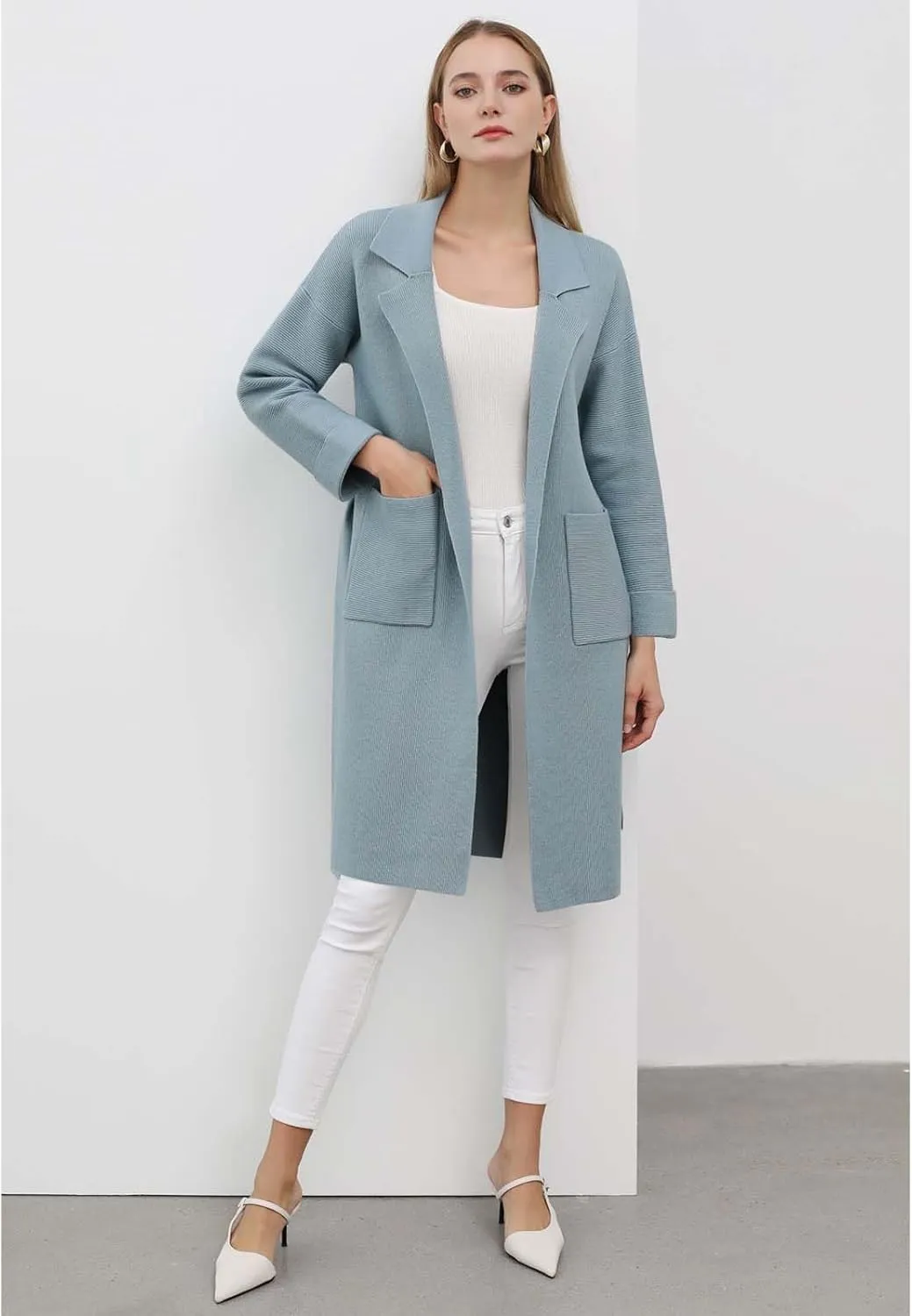 CHICWISH Women's Open Front Cardigan Long Sleeve Notch Lapel Belted Longline Coatigan Ribbed Knit Coat With Pockets