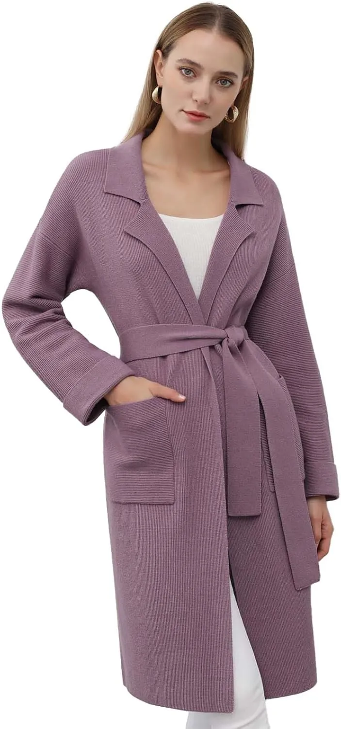 CHICWISH Women's Open Front Cardigan Long Sleeve Notch Lapel Belted Longline Coatigan Ribbed Knit Coat With Pockets