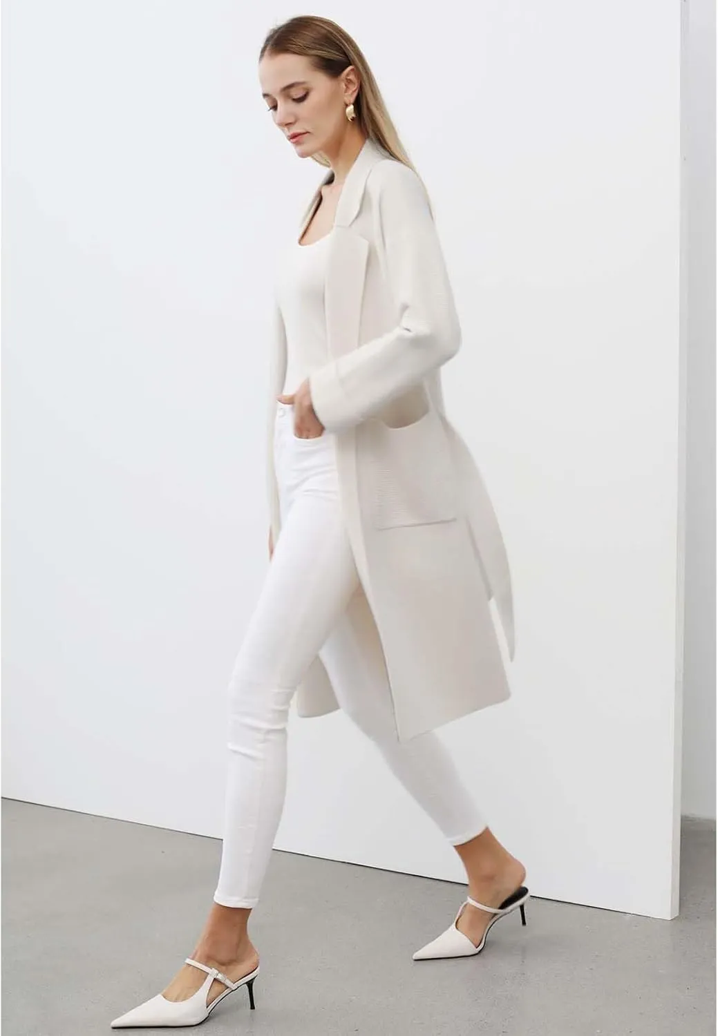 CHICWISH Women's Open Front Cardigan Long Sleeve Notch Lapel Belted Longline Coatigan Ribbed Knit Coat With Pockets