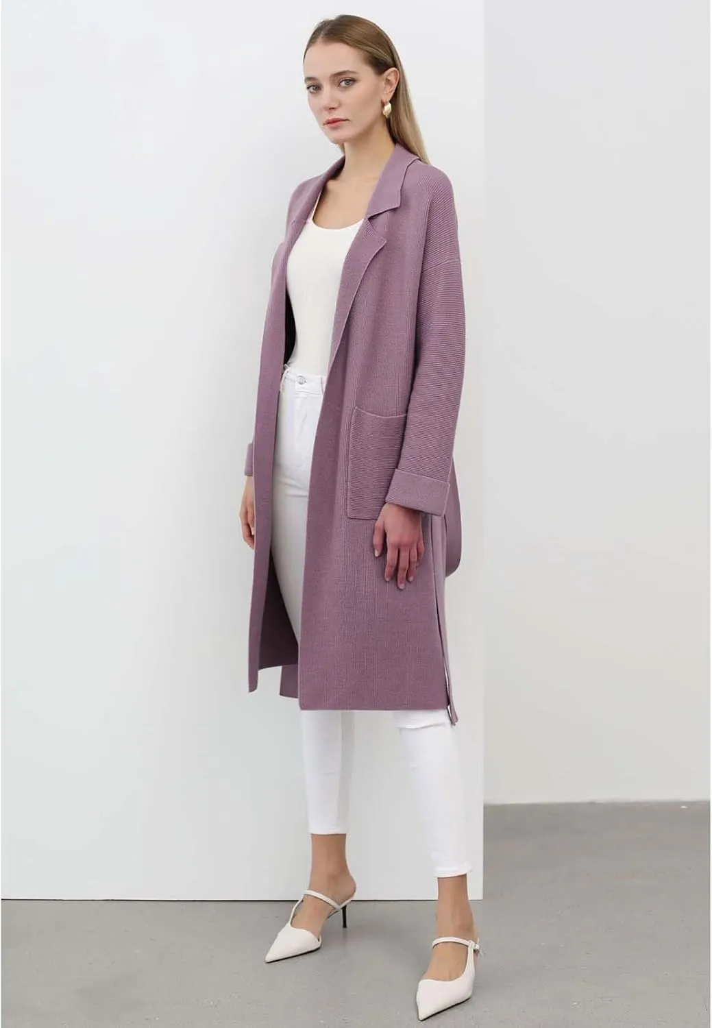 CHICWISH Women's Open Front Cardigan Long Sleeve Notch Lapel Belted Longline Coatigan Ribbed Knit Coat With Pockets